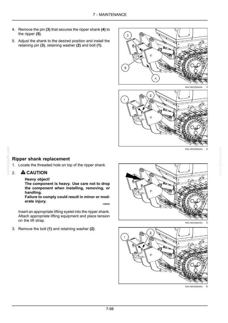 May include: Diagram of a ripper shank replacement procedure, with numbered parts and instructions. Includes a caution about the heavy component. The image is a technical illustration with labels and arrows.