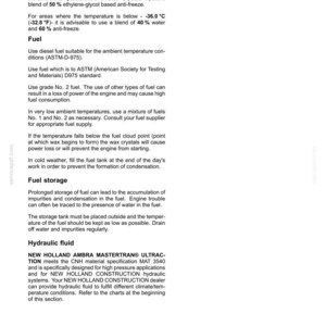 May include: A technical document page titled 7 - MAINTENANCE containing instructions for anti-freeze, anti-corrosion, fuel, and hydraulic fluid. It specifies using 50% ethylene-glycol anti-freeze above -32.8 &deg;F and 60% below -32.8 &deg;F, plus fuel standards.