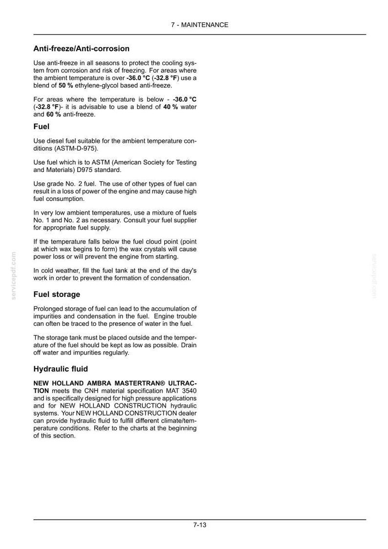 May include: A technical document page titled 7 - MAINTENANCE containing instructions for anti-freeze, anti-corrosion, fuel, and hydraulic fluid. It specifies using 50% ethylene-glycol anti-freeze above -32.8 &deg;F and 60% below -32.8 &deg;F, plus fuel standards.