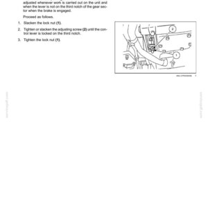 May include: Diagram illustrating hand brake lever adjustment. The text provides instructions for adjusting the lever, including tightening and loosening screws and nuts. The image shows the lever and its components.
