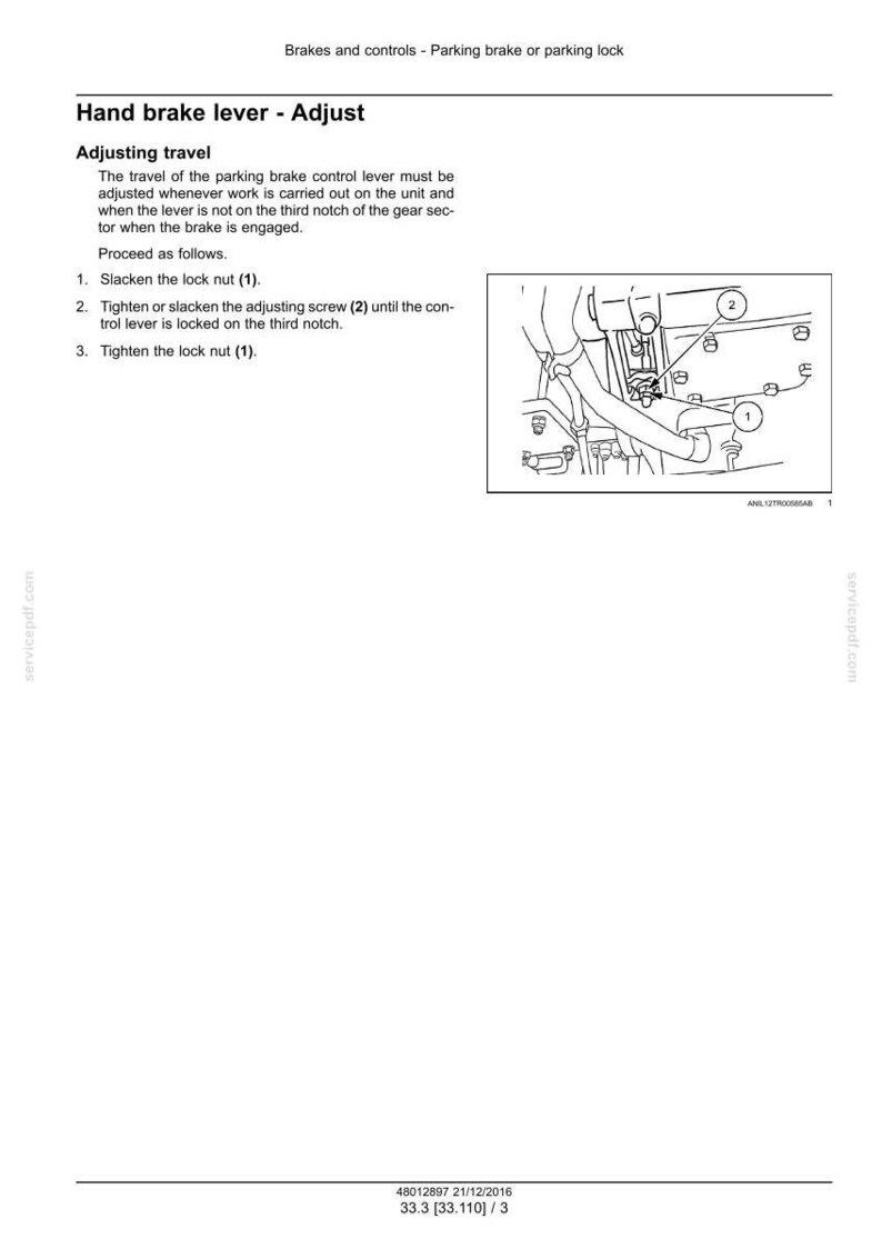 May include: Diagram illustrating hand brake lever adjustment. The text provides instructions for adjusting the lever, including tightening and loosening screws and nuts. The image shows the lever and its components.