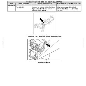 May include: Diagram of wire connectors, specifically Connector X-011, with circuit references and electrical schematic frame details. Includes a diagram of the connector's location on the right rear frame.