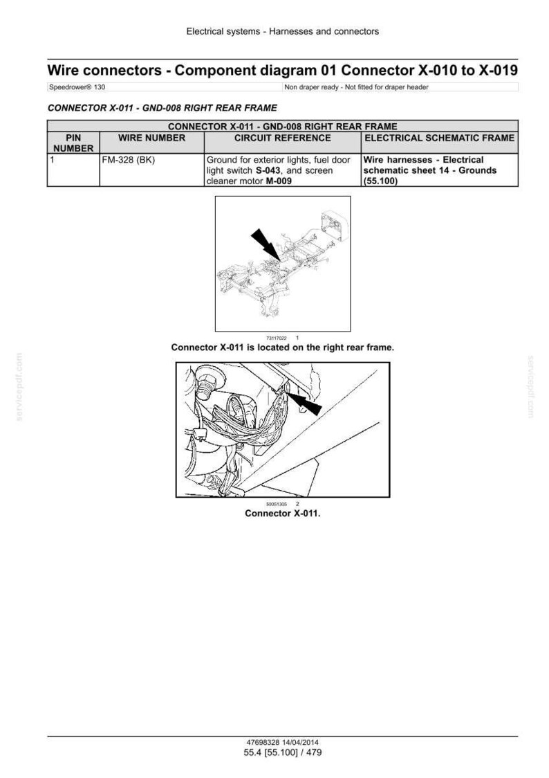 May include: Diagram of wire connectors, specifically Connector X-011, with circuit references and electrical schematic frame details. Includes a diagram of the connector's location on the right rear frame.