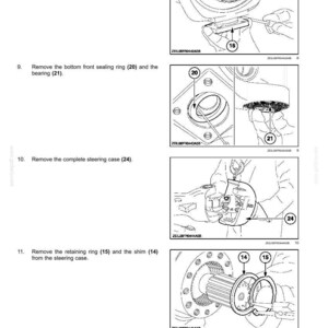 Pu&ograve; includere: Una pagina di manuale tecnico intitolata Steering - Steering control, che presenta quattro disegni al tratto in bianco e nero che illustrano le fasi di smontaggio meccanico. I diagrammi mostrano componenti numerati da 14 a 24, inclusi perni, anelli, cuscinetti e una scatola dello sterzo, con istruzioni testuali per ogni passaggio.