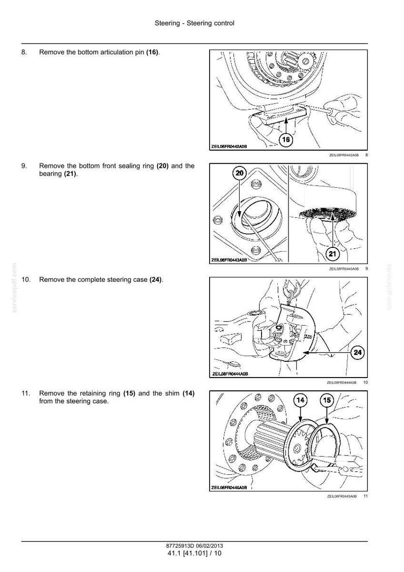 Pu&ograve; includere: Una pagina di manuale tecnico intitolata Steering - Steering control, che presenta quattro disegni al tratto in bianco e nero che illustrano le fasi di smontaggio meccanico. I diagrammi mostrano componenti numerati da 14 a 24, inclusi perni, anelli, cuscinetti e una scatola dello sterzo, con istruzioni testuali per ogni passaggio.
