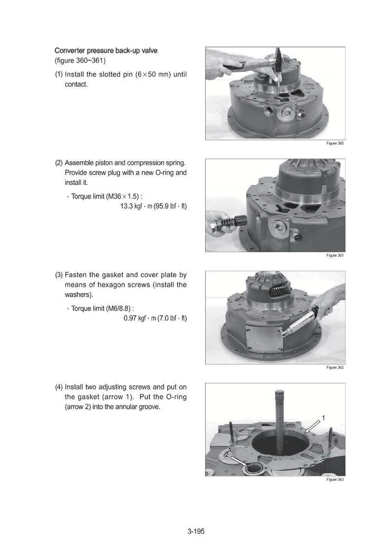 May include: Diagram of a converter pressure back-up valve with instructions for assembly. Includes steps for installing a slotted pin, piston, compression spring, gasket, cover plate, and adjusting screws. Measurements are in inches and foot-pounds.