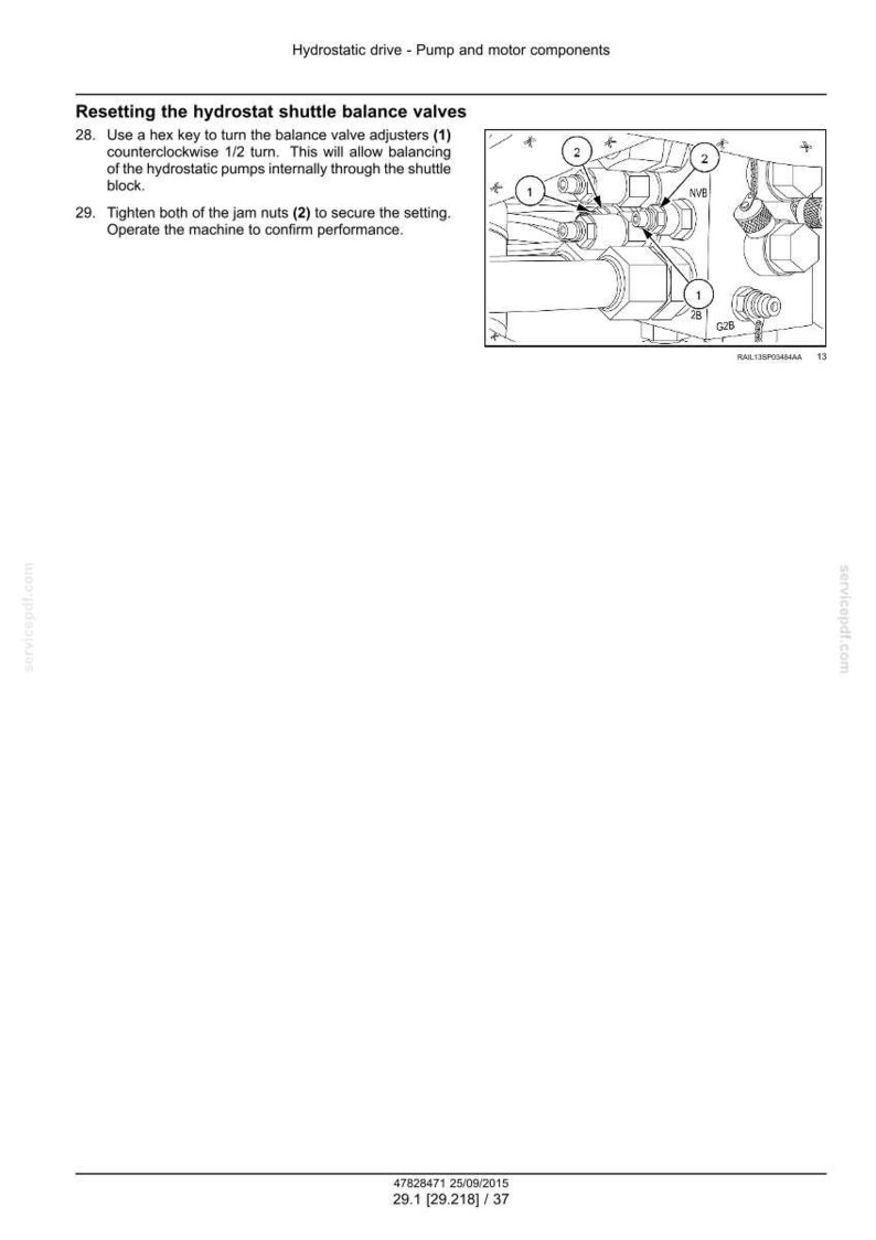 Peut inclure: Sch&eacute;ma des composants de la pompe et du moteur d'entra&icirc;nement hydrostatique, avec des instructions pour r&eacute;initialiser les vannes d'&eacute;quilibrage de la navette hydrostat. Inclut des pi&egrave;ces num&eacute;rot&eacute;es et des instructions textuelles.