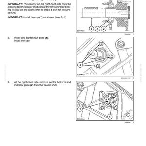 Puede incluir: Una p&aacute;gina de manual t&eacute;cnico titulada CROP PROCESSING - SEPARATING Beating, con dibujos lineales en blanco y negro de piezas mec&aacute;nicas. Incluye diagramas numerados para instalar un rodamiento de tambor izquierdo, apretar cuatro pernos y retirar un perno central y una placa indicadora de un eje de batidor.