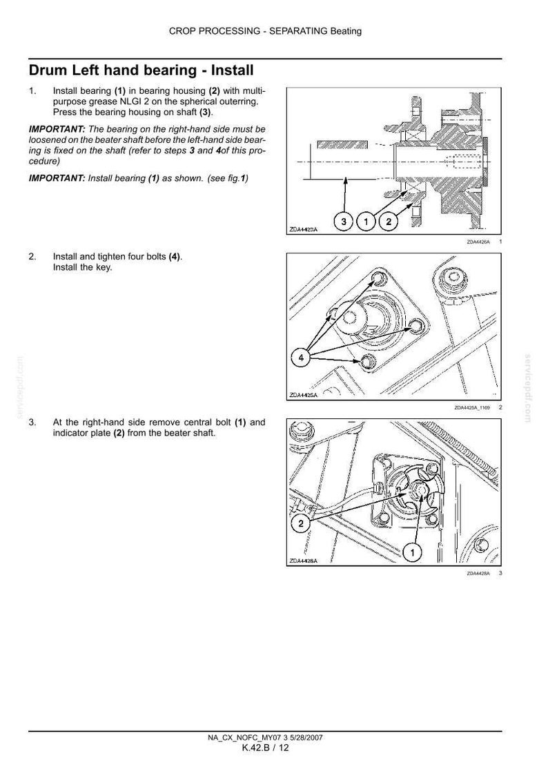 Puede incluir: Una p&aacute;gina de manual t&eacute;cnico titulada CROP PROCESSING - SEPARATING Beating, con dibujos lineales en blanco y negro de piezas mec&aacute;nicas. Incluye diagramas numerados para instalar un rodamiento de tambor izquierdo, apretar cuatro pernos y retirar un perno central y una placa indicadora de un eje de batidor.
