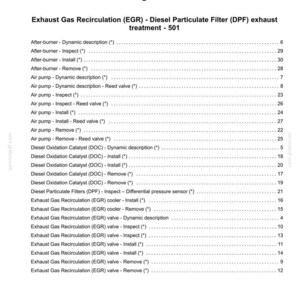 May include: A page from a manual titled "Index" with the heading "Engine - 10." The document lists various engine-related procedures, including "Exhaust Gas Recirculation (EGR)" and "Diesel Particulate Filter (DPF) exhaust treatment."