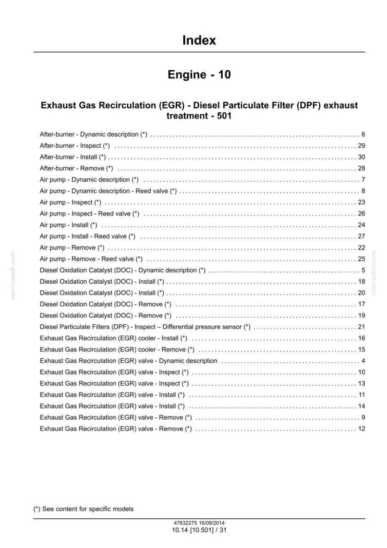 May include: A page from a manual titled "Index" with the heading "Engine - 10." The document lists various engine-related procedures, including "Exhaust Gas Recirculation (EGR)" and "Diesel Particulate Filter (DPF) exhaust treatment."