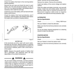 May include: A page from a manual detailing electrical system maintenance. Text includes instructions for checking battery fluid, replacing a battery, and servicing the alternator and starter motor. Diagrams illustrate battery components and connections. A warning about terminal polarity is also present.