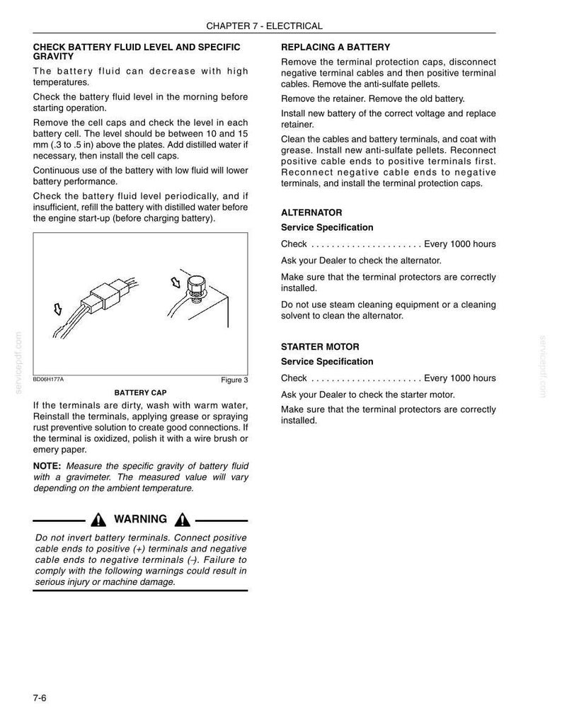 May include: A page from a manual detailing electrical system maintenance. Text includes instructions for checking battery fluid, replacing a battery, and servicing the alternator and starter motor. Diagrams illustrate battery components and connections. A warning about terminal polarity is also present.