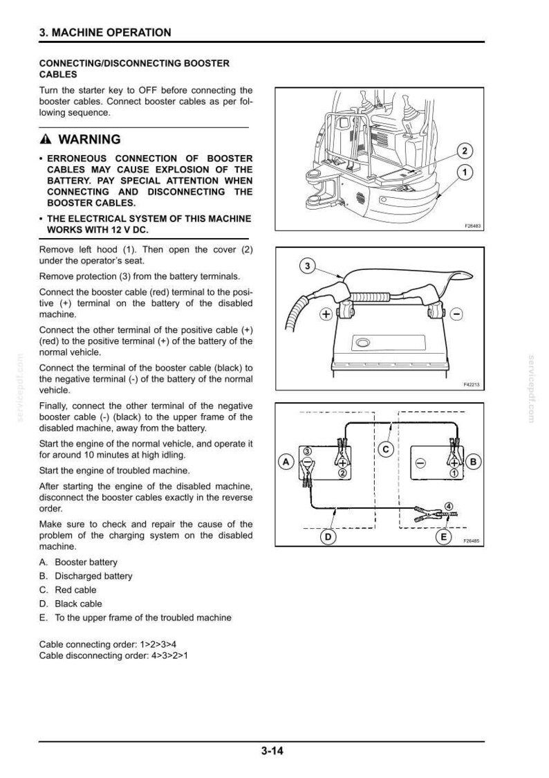 May include: Diagram illustrating the procedure for connecting and disconnecting booster cables. Includes labeled diagrams of a machine, battery terminals, and cable connections. Text provides step-by-step instructions and safety warnings for the process.