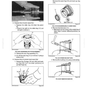May include: Diagrams from a manual detailing the disassembly and assembly of mechanical components. The illustrations show steps for removing cylinder heads, piston assemblies, and seals, with close-ups and labels for each part.