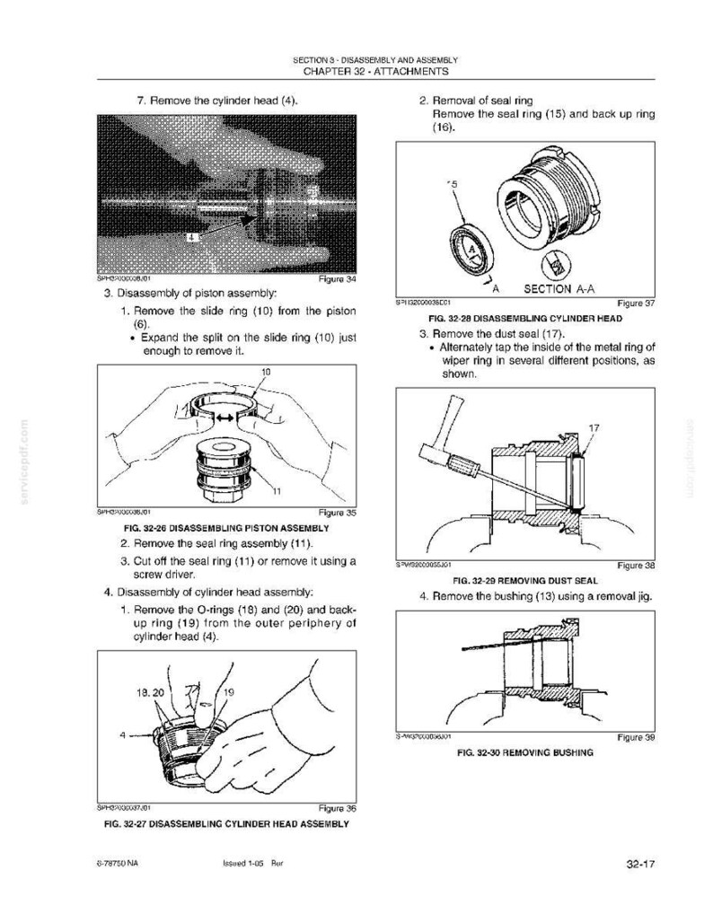 May include: Diagrams from a manual detailing the disassembly and assembly of mechanical components. The illustrations show steps for removing cylinder heads, piston assemblies, and seals, with close-ups and labels for each part.