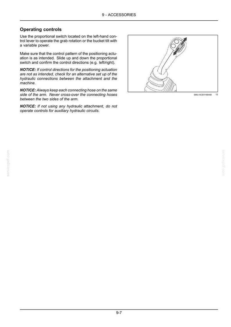 May include: Diagram of a control lever with arrows indicating movement. The image is from a manual, with text describing operating controls and safety notices for a machine's accessories.