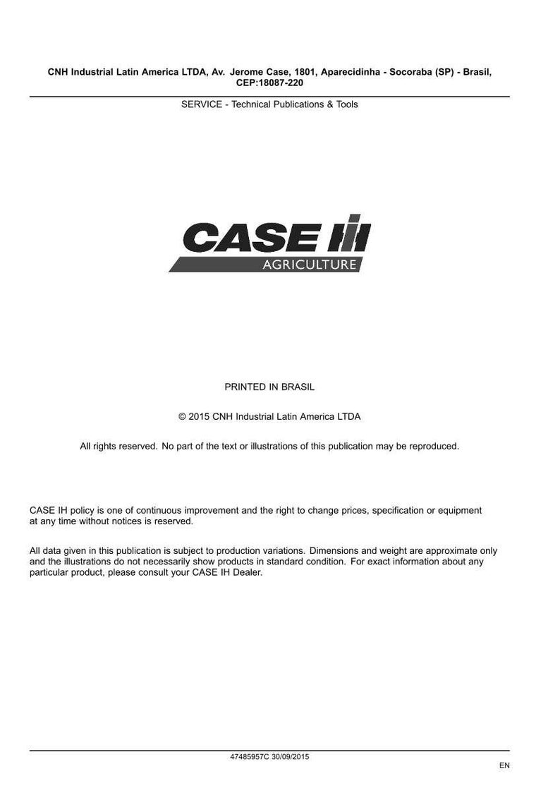 May include: A white document with the CASE IH AGRICULTURE logo in black and gray. The document includes text about technical publications and tools, and copyright information from CNH Industrial Latin America LTDA.