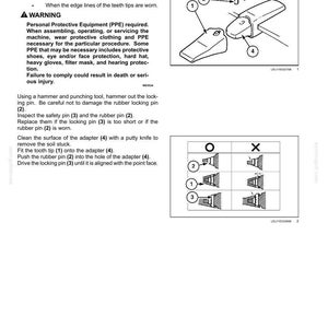 May include: Diagram illustrating bucket teeth maintenance. Shows tooth tip, rubber pin, locking pin, and adapter. Text details replacing worn teeth and safety advice, including the need for PPE.