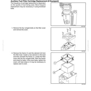 May include: A technical manual page titled 8 - LUBRICATION/FILTERS/FLUIDS/MAINTENANCE, detailing the Auxiliary Fuel Filter Cartridge Replacement. It includes black and white line drawings showing the disassembly of a filter housing with numbered parts.
