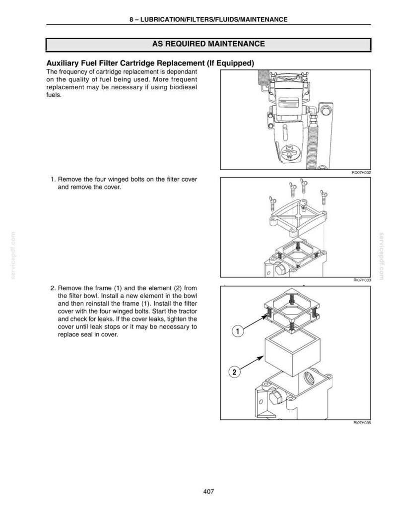 May include: A technical manual page titled 8 - LUBRICATION/FILTERS/FLUIDS/MAINTENANCE, detailing the Auxiliary Fuel Filter Cartridge Replacement. It includes black and white line drawings showing the disassembly of a filter housing with numbered parts.