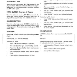 Puede incluir: Una p&aacute;gina de documento t&eacute;cnico titulada 3-CONTROLS/INSTRUMENTS con texto negro sobre fondo blanco. Proporciona instrucciones para operar botones como PAUSE, REPEAT, INTRO y RANDOM, adem&aacute;s de detalles sobre el puerto USB, la selecci&oacute;n de archivos y el reinicio.