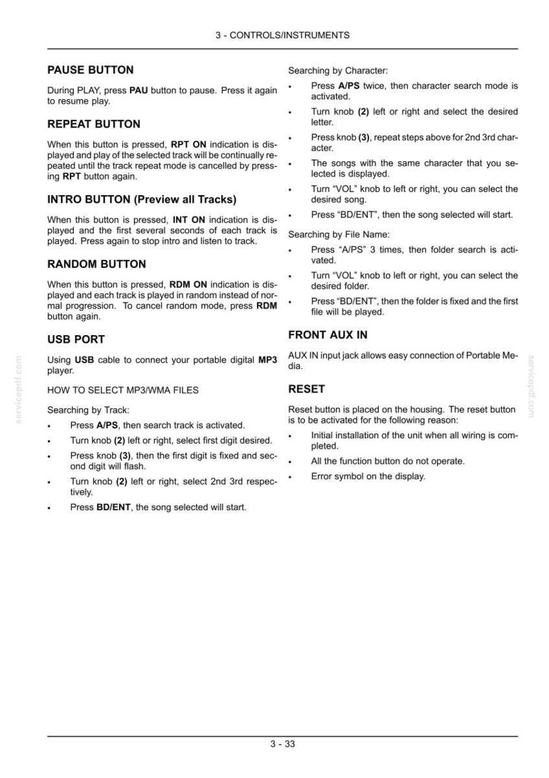 Puede incluir: Una p&aacute;gina de documento t&eacute;cnico titulada 3-CONTROLS/INSTRUMENTS con texto negro sobre fondo blanco. Proporciona instrucciones para operar botones como PAUSE, REPEAT, INTRO y RANDOM, adem&aacute;s de detalles sobre el puerto USB, la selecci&oacute;n de archivos y el reinicio.