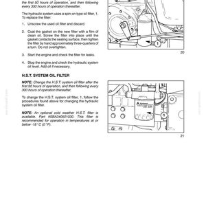 May include: A technical manual page titled SECTION 3 - LUBRICATION AND MAINTENANCE. It features instructions for replacing hydraulic and H.S.T. system oil filters, accompanied by two black and white line drawings showing the filter locations.