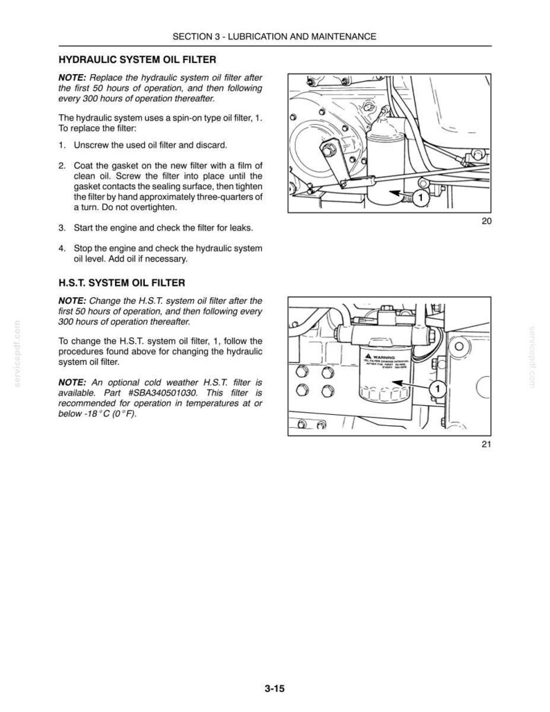 May include: A technical manual page titled SECTION 3 - LUBRICATION AND MAINTENANCE. It features instructions for replacing hydraulic and H.S.T. system oil filters, accompanied by two black and white line drawings showing the filter locations.