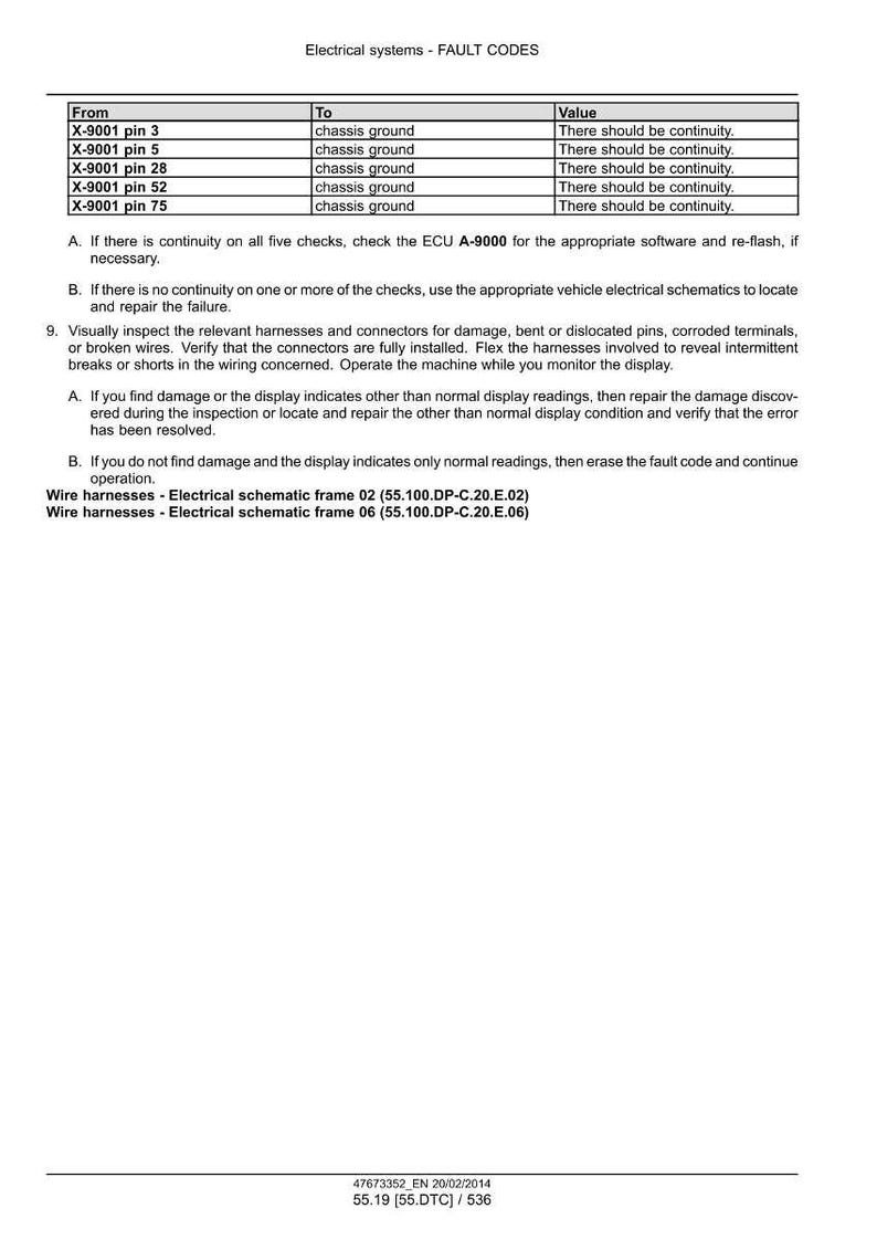 May include: A technical document titled "Electrical systems - FAULT CODES" with a table listing pin numbers and chassis ground connections. Instructions for troubleshooting electrical issues are also included. The document also includes wire harness information.