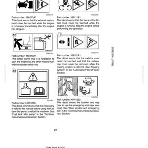 May include: A page from a manual with safety decals and hand signals. The black and white illustrations warn about engine safety, including not touching hot parts, and using the emergency exit. Text includes part numbers and instructions.