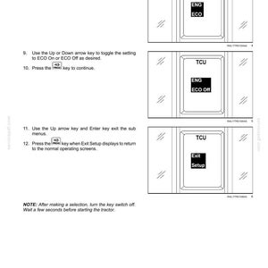 May include: A technical document page titled 4 - OPERATING INSTRUCTIONS featuring three black and white diagrams of a digital display screen. The screens show text including TCU, ENG ECO, ECO Off, and Exit Setup, with numbered steps for navigation.
