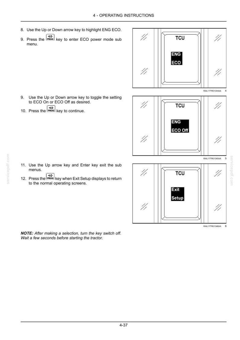 May include: A technical document page titled 4 - OPERATING INSTRUCTIONS featuring three black and white diagrams of a digital display screen. The screens show text including TCU, ENG ECO, ECO Off, and Exit Setup, with numbered steps for navigation.