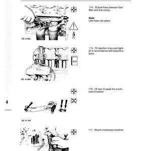 May include: A technical diagram illustrating the disassembly and reassembly of a complete engine. The black and white images show various engine components, including fuel lines, filters, and breathers, with accompanying text and instructions.