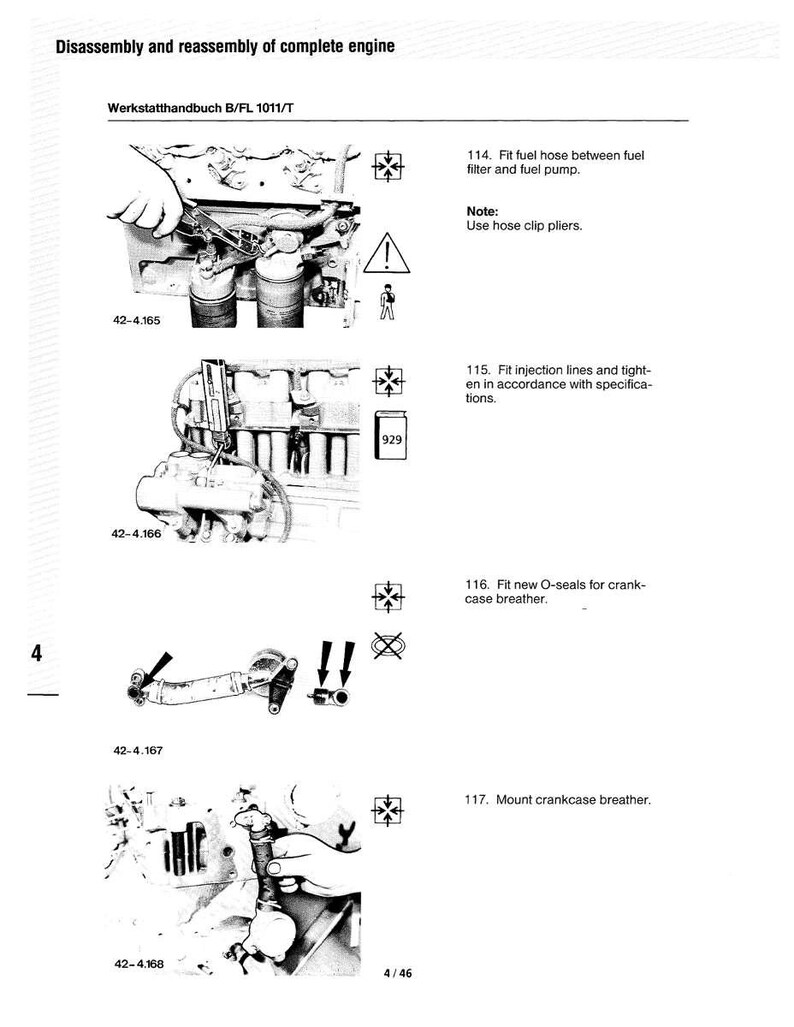 May include: A technical diagram illustrating the disassembly and reassembly of a complete engine. The black and white images show various engine components, including fuel lines, filters, and breathers, with accompanying text and instructions.