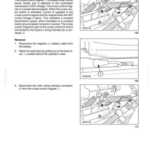 May include: Diagram of a tractor's electrical system, detailing the cruise control magnet. The image includes close-up views of the magnet, wiring harness, and related components, with numbered labels for identification. Text provides instructions for removal.