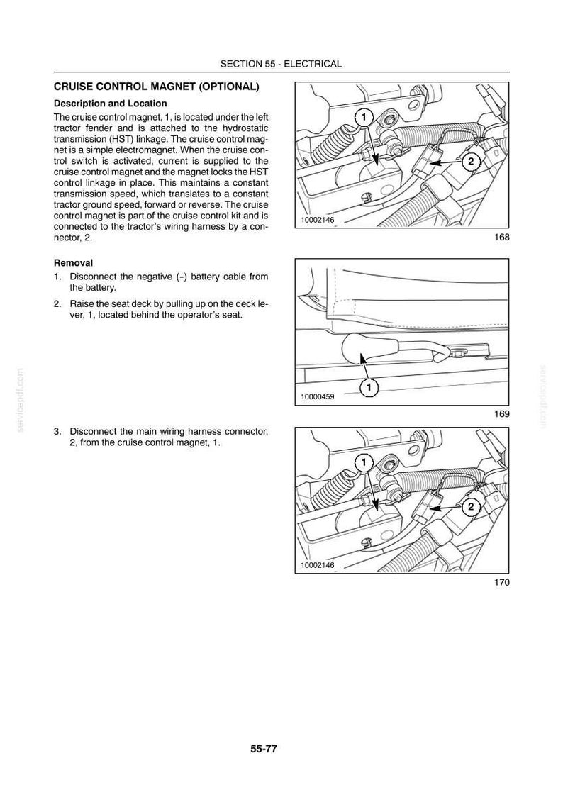May include: Diagram of a tractor's electrical system, detailing the cruise control magnet. The image includes close-up views of the magnet, wiring harness, and related components, with numbered labels for identification. Text provides instructions for removal.
