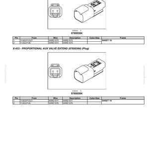K&ouml;nnte beinhalten: Diagramm elektrischer Anschl&uuml;sse, einschlie&szlig;lich der proportionalen AUX-Ventil-Retract- und Extend-Stecker X-432 und X-433. Das Bild enth&auml;lt Diagramme der Stecker und eine Tabelle mit Pin-, Draht- und Beschreibungsdetails.