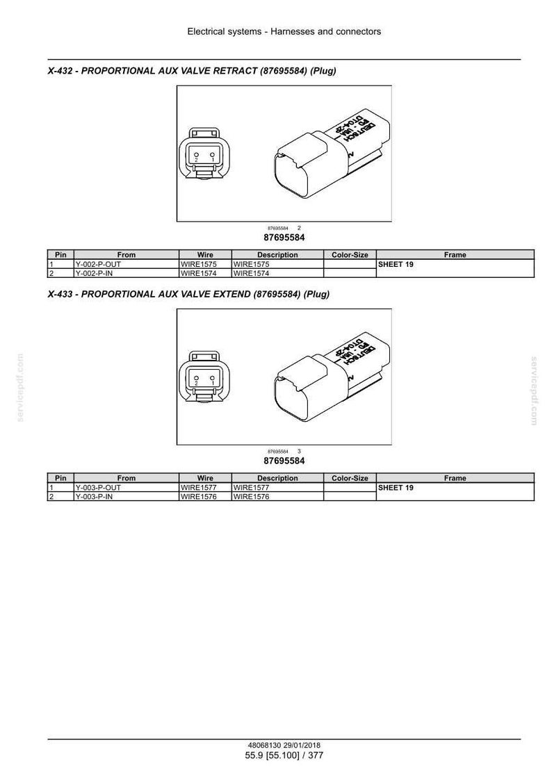 K&ouml;nnte beinhalten: Diagramm elektrischer Anschl&uuml;sse, einschlie&szlig;lich der proportionalen AUX-Ventil-Retract- und Extend-Stecker X-432 und X-433. Das Bild enth&auml;lt Diagramme der Stecker und eine Tabelle mit Pin-, Draht- und Beschreibungsdetails.