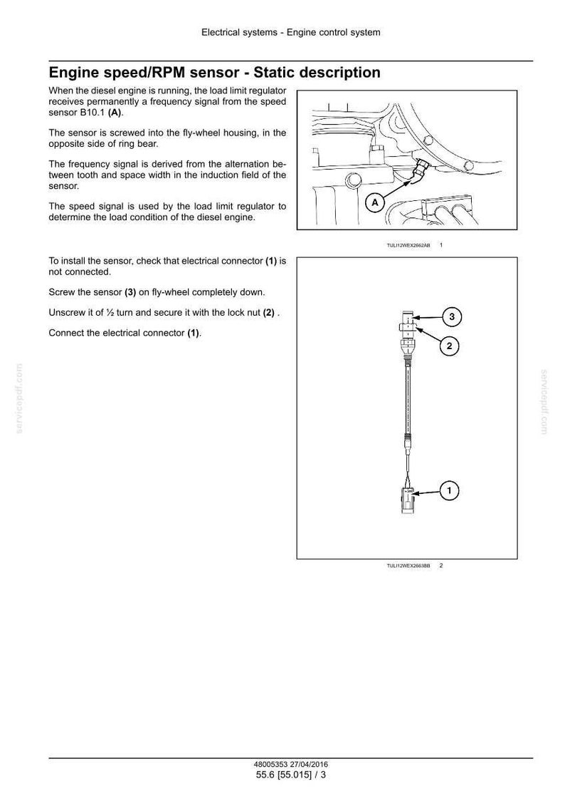 May include: Diagram of an engine speed/RPM sensor with numbered components and installation instructions. The image includes a detailed view of the sensor and its connection points, with labels for easy identification.