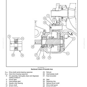 May include: Sectional diagram of a mechanical transmission, illustrating drive lines and internal components. Features labels for parts such as driven gear, intermediate gear, and retaining ring. The image is in black and white.