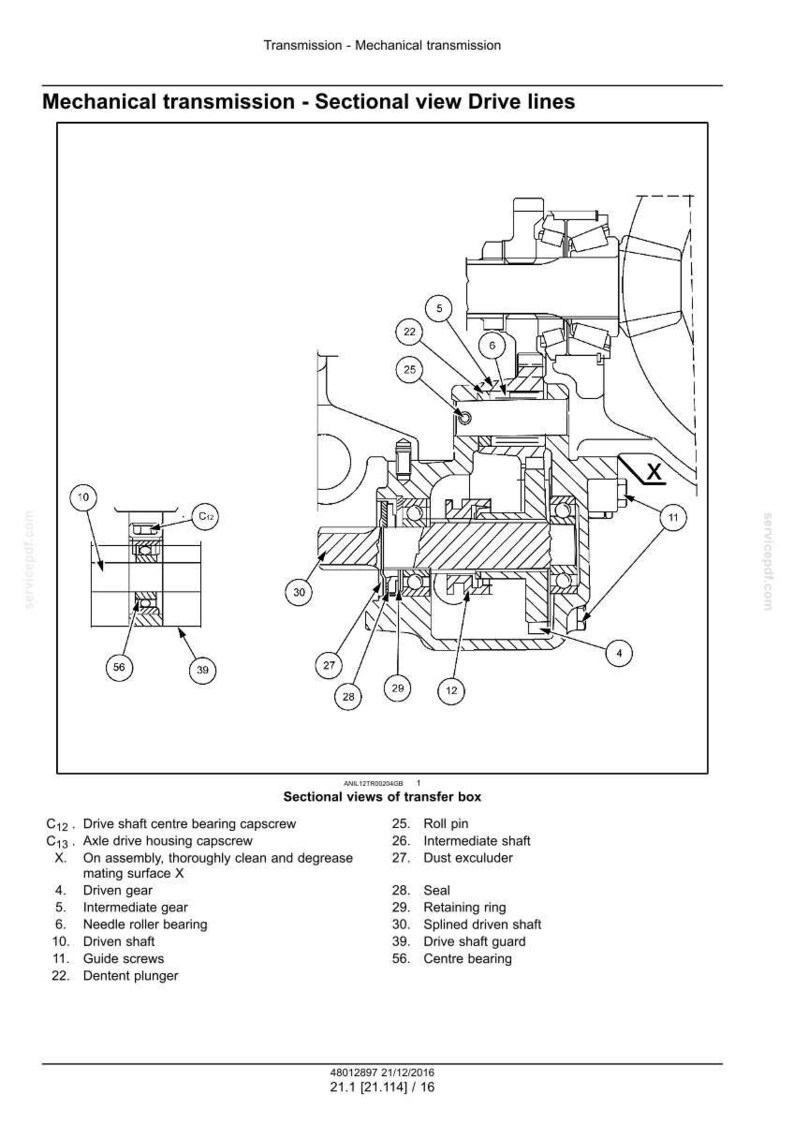 May include: Sectional diagram of a mechanical transmission, illustrating drive lines and internal components. Features labels for parts such as driven gear, intermediate gear, and retaining ring. The image is in black and white.