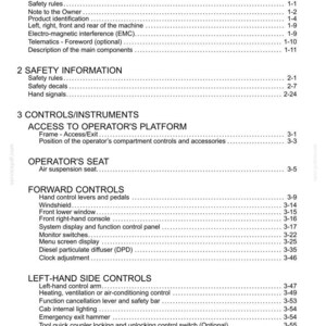 May include: A white document titled "Contents" with a list of topics and page numbers. The document is divided into sections such as "General Information", "Safety Information", and "Controls/Instruments".