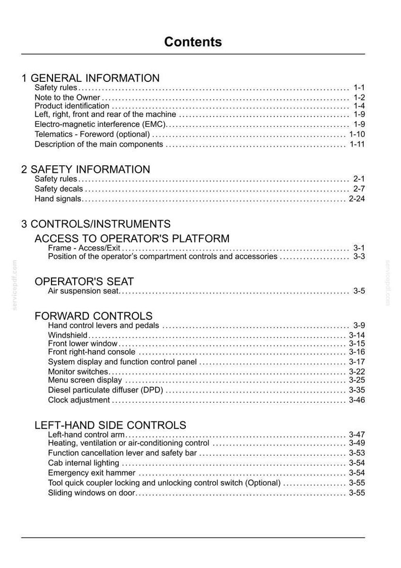 May include: A white document titled "Contents" with a list of topics and page numbers. The document is divided into sections such as "General Information", "Safety Information", and "Controls/Instruments".