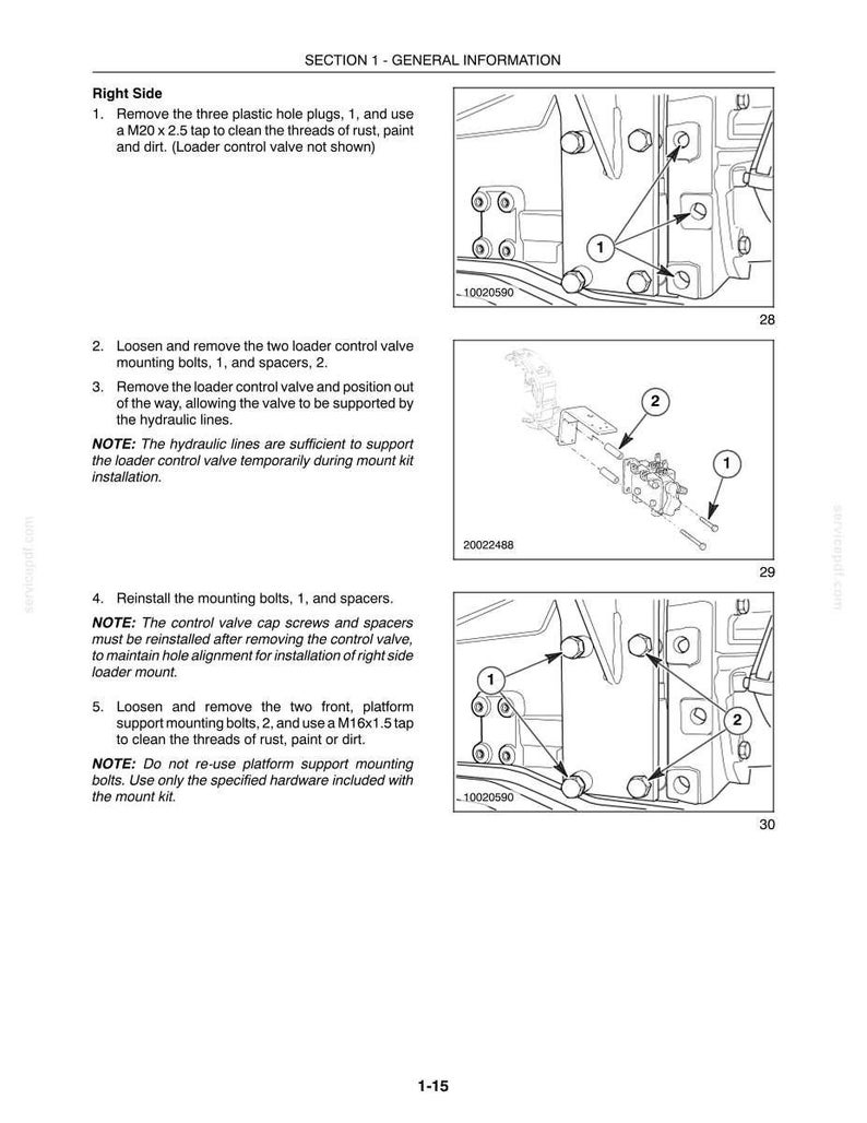 May include: A technical service manual page titled SECTION 1 - GENERAL INFORMATION, detailing the Right Side installation process. It includes numbered instructional steps, technical diagrams with labels 1 and 2, and specific M20x2.5 and M16x1.5 tap references.