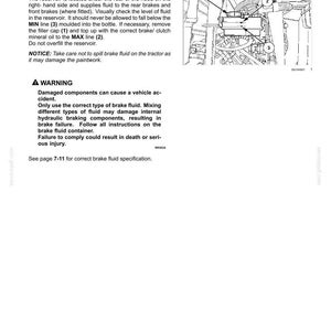 May include: A technical manual page titled CHECK BRAKE FLUID LEVEL [23833448] featuring a black and white line drawing of a brake fluid reservoir with numbered components 1, 2, and 3, alongside maintenance instructions and a warning section.