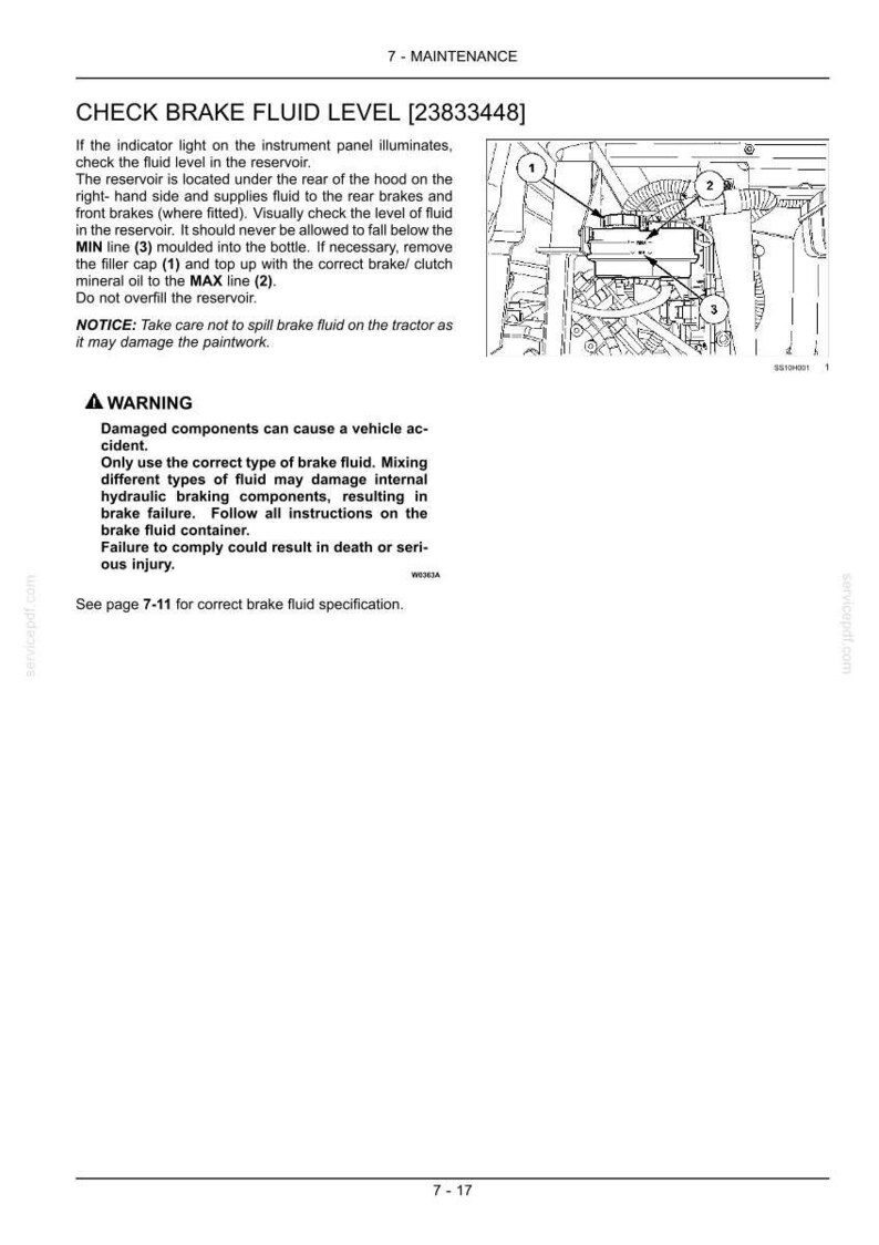 May include: A technical manual page titled CHECK BRAKE FLUID LEVEL [23833448] featuring a black and white line drawing of a brake fluid reservoir with numbered components 1, 2, and 3, alongside maintenance instructions and a warning section.