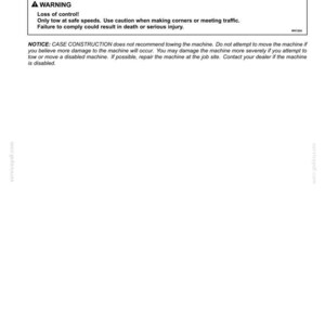 May include: A page from a manual with the title "Moving a disabled machine." It includes a warning about loss of control and potential injury. The text also advises against towing the machine and suggests on-site repair.