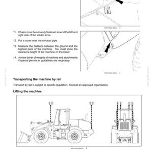 May include: A technical manual page titled 5 - TRANSPORT OPERATIONS featuring black and white line drawings of heavy machinery. It includes instructions for securing chains to tie down holes, covering the exhaust, and lifting the machine.