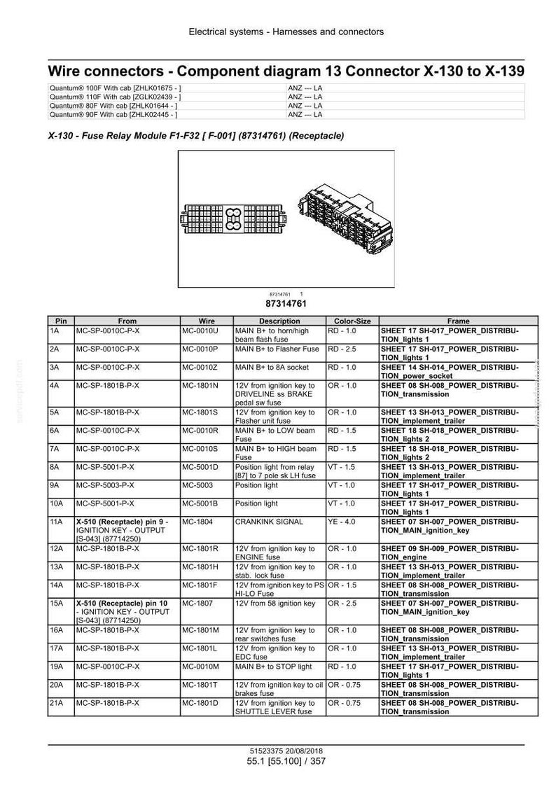 May include: Diagram of electrical wire connectors for automotive applications. The diagram includes a table with pin numbers, wire descriptions, and color codes. The image also shows a fuse relay module.